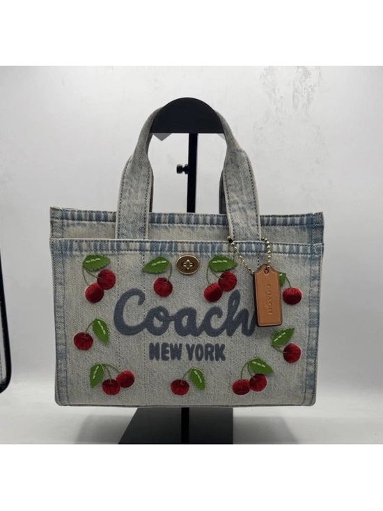 Coach Handbags - Coach New York Denim Cherry Appliqué Tote - Light Blue with strap, dust bag,